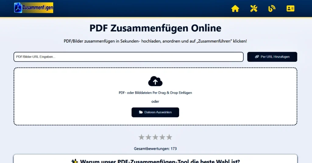 screenshot of "PDF Zusammenfügen" a pdf merging website